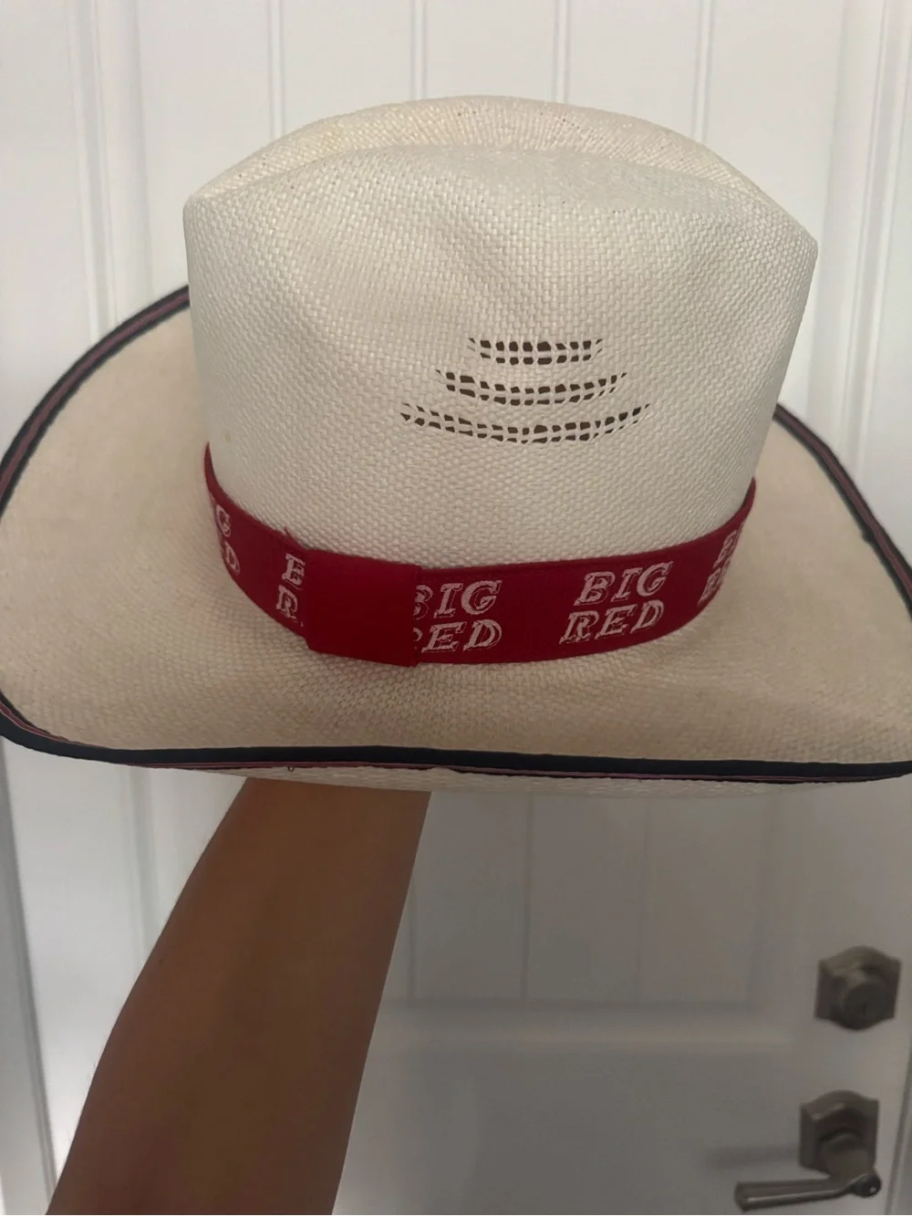 Stanley Cream Cowboy Hat with Red Branded Band and Black Trim